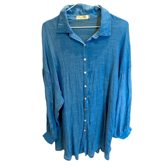 Coeur De Vague Tops - Coeur De Vague Button Down Shirt Blue Tunic Long Size 3XL